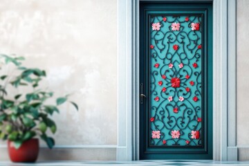 Iron door with floral patterns, Mediterranean villa property, 3D illustration