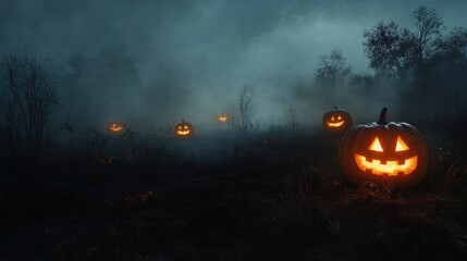 Naklejka premium A dark, foggy Halloween night with pumpkins in the foreground, glowing eerily. Blank space for text on the right side. No logo.