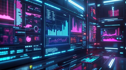 High-tech control room with glowing data visualizations, charts, and graphs displayed across multiple neon-lit digital screens. Perfect for technology, cybersecurity, and AI projects.