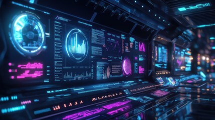 Fototapeta premium Digital interface with graphs and data analytics in a high-tech control room for cyber and tech concepts. Technology abstract background
