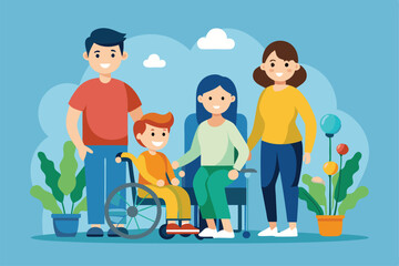 A family stands together in a bright garden, showcasing love and support for their child in a wheelchair, Customizable Semi Flat Illustration for Family Stress