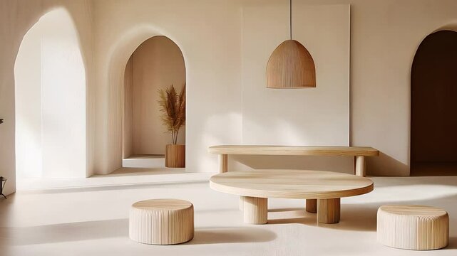 Minimalist interior design with natural wooden furniture, soft neutral tones, and modern lighting in a serene living space