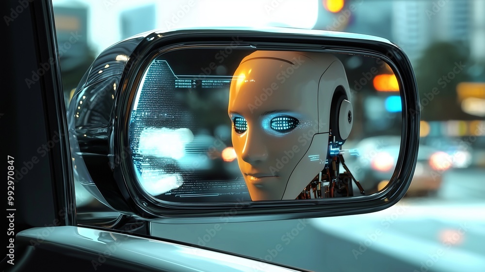 Poster a robot reflected in a car's side mirror, symbolizing the concept of robotaxi and autonomous driving