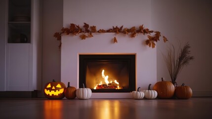 A minimalist living room with a fireplace, subtle Halloween decorations and pumpkins, warm firelight creating the atmosphere. No people.