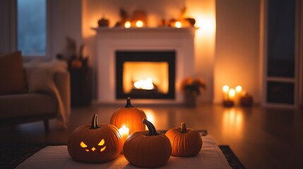 Obraz premium A minimalist living room during the day, with pumpkins and a glowing fireplace, creating a cozy Halloween atmosphere. Focal point on the light. No people.