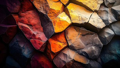 multicolored rock wall from bottom sediments red orange dark rays crack smooth
