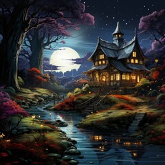 a picture of a house with a full moon in the background