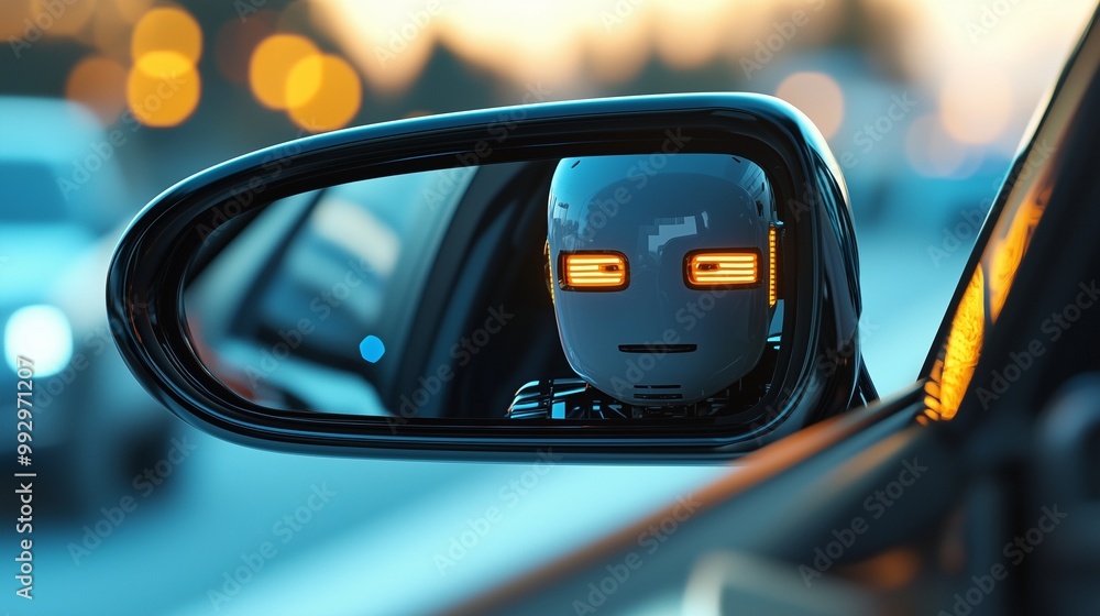 Poster a robot reflected in a car's side mirror, symbolizing the concept of autonomous robotaxi services.