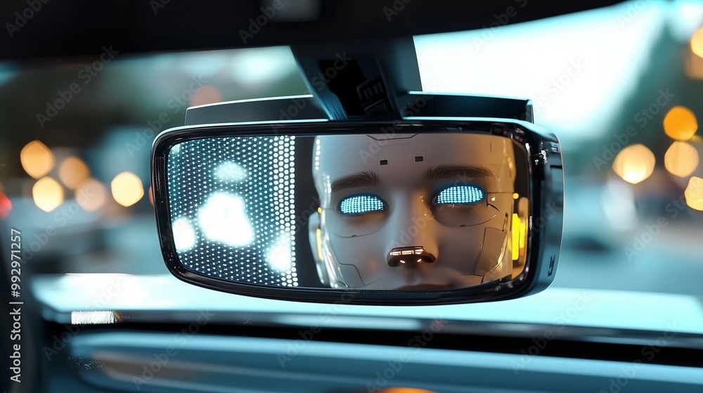 Poster a robot face reflected in a car's rearview mirror, symbolizing autonomous driving and the future of 