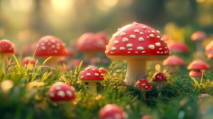 Vibrant red mushrooms with white spots glowing in a sunlit forest, creating a magical and enchanting natural scene.