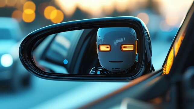 A robot reflected in a car's side mirror, symbolizing the concept of autonomous robotaxi services.