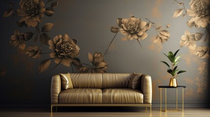 Luxurious gold floral wallpaper design featuring intricate ornate patterns and elegant detailing for high-end interior decor, sophisticated wall art, and opulent home or commercial space backgrounds

