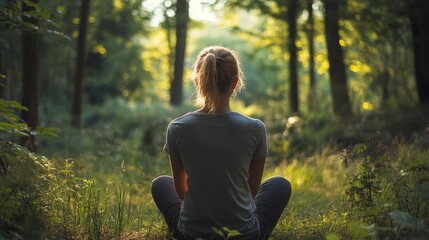 Woman meditates in a peaceful forest setting, surrounded by greenery and tranquility, embodying the essence of relaxation and nature.