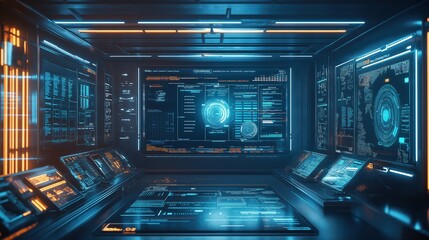 Futuristic cybersecurity center with digital displays, interactive dashboards, and real-time threat monitoring systems.