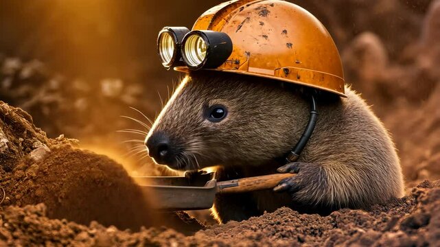 Wombat wearing mining helmet digging soil