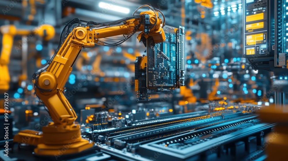 Poster a robotic arm handling a circuit board in a high-tech industrial setting.