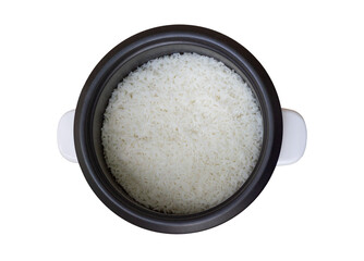Top view of rice cooked in electric rice cooker on white background, Rice steamed.