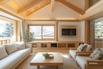 Cozy modern living room with natural wood accents.