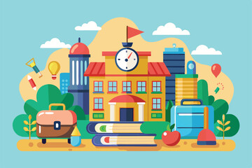 A vibrant illustration of essential school supplies and a cheerful school building, embodying back-to-school spirit, Customizable Semi Flat Illustration for Back to School