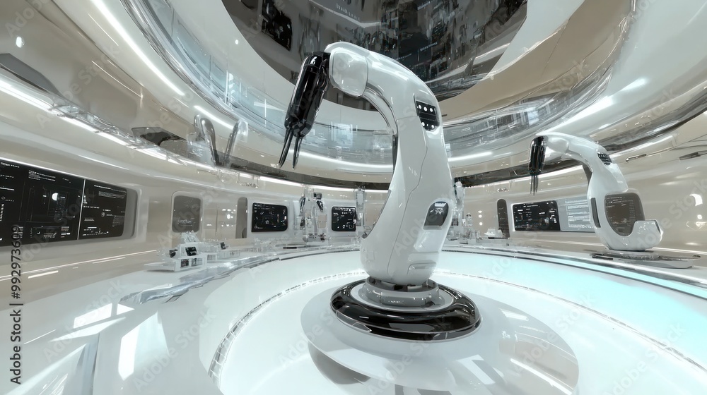 Aufkleber a futuristic industrial space featuring robotic arms for automation and precision tasks.