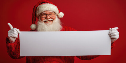 Naklejka premium Santa claus cheerfully holds a blank sign against a red background, perfect for holiday advertising with ample copy space. Christmas background. Mock up. Banner