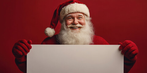 Naklejka premium Santa claus cheerfully holds a blank sign against a red background, perfect for holiday advertising with ample copy space. Christmas background. Mock up. Banner