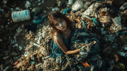 Obraz premium Young woman in a distressed condition sitting on a pile of garbage, highlighting pollution, poverty, and the need for environmental action.
