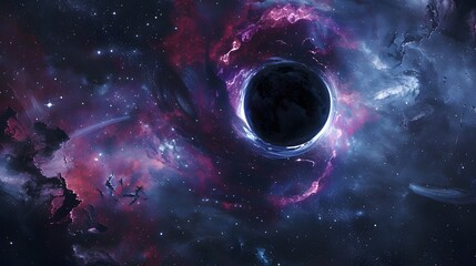 Massive black hole at the center of a swirling galaxy, stars and cosmic debris being pulled into its gravitational abyss, symbolizing destruction and the end of worlds.