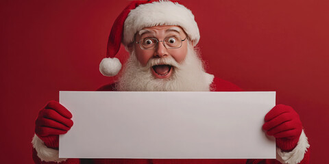 Naklejka premium Surprised Santa Claus making a shocked face while holding a blank white sign. Christmas promotions, discounts, sale. Copy space. Mock up.