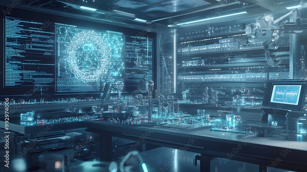 Poster futuristic laboratory with data network visualization and robotic arm