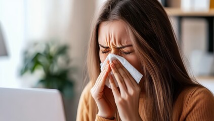 Young woman sneezing into a tissue, feeling unwell and suffering from allergy or cold symptoms while working on a laptop at home.