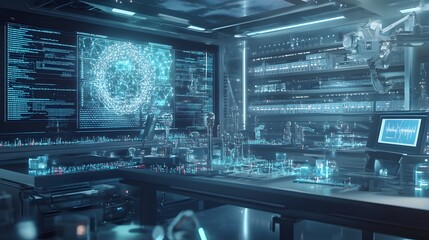Fototapeta premium Futuristic Laboratory with Data Network Visualization and Robotic Arm