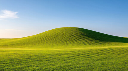 Obraz premium Green grassy hill with a clear blue sky in the background, emphasizing natural beauty and tranquility.