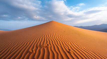 Rippled sand dune under a cloudy sky forming a symmetrical peak, showcasing the beauty and symmetry of the desert landscape.