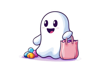 a cute ghost holding a candy bag, white background.