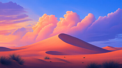 Vivid desert scene with tall sand dunes and a colorful sky featuring pink and purple clouds, showcasing the beauty of the desert at sunset.
