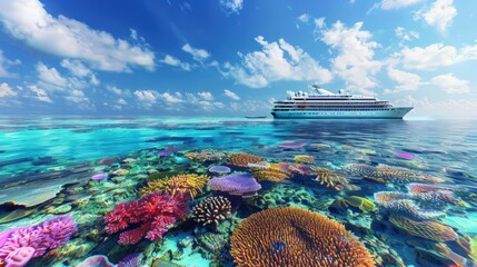 Cruise ship in bright Maldivian waters, surrounded by colorful coral reefs and clear skies.