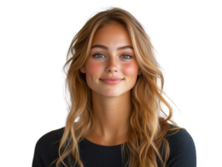 A cheerful young woman with wavy blonde hair, smiling warmly at the camera, showcasing a friendly and approachable demeanor.