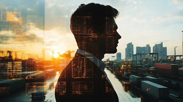 Businessman standing on abstract double exposure background with forex chart, cargo airplane, truck and ship. Business, shipping, trade and logistics concept