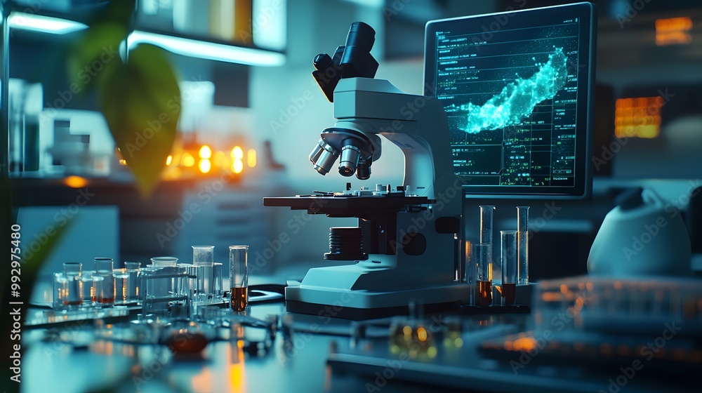 Poster a modern laboratory setup with a microscope, test tubes, and a computer monitor displaying a data vi