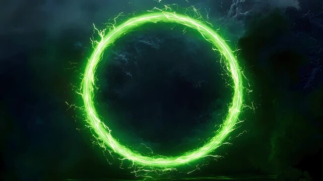 Glowing green energy ring in a dark, mystical atmosphere, futuristic circular energy field with electric aura effect