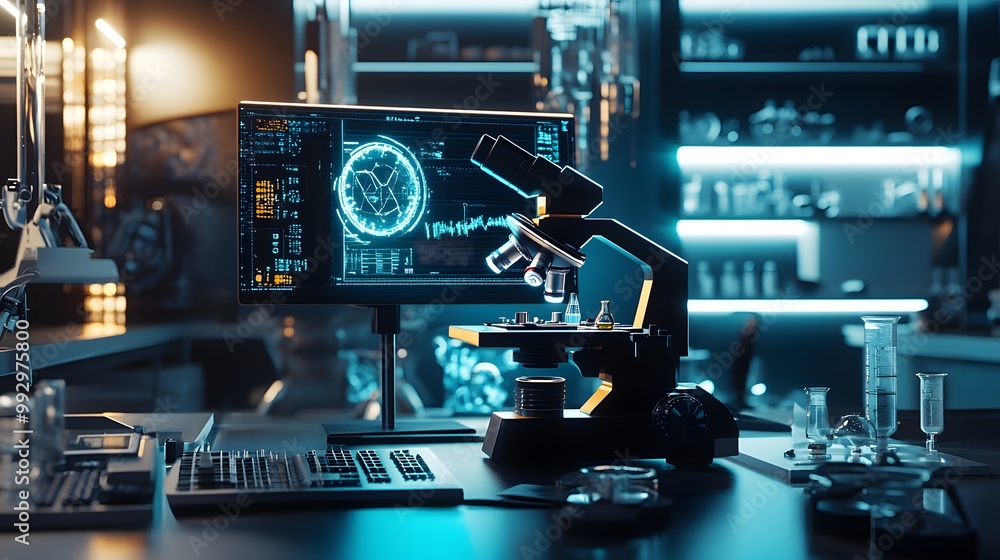 Poster futuristic laboratory with microscope and digital display