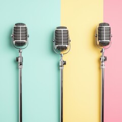 Fototapeta premium Three vintage microphones stand against a colorful backdrop of mint green, pastel yellow, and soft pink, creating a vibrant and artistic atmosphere.