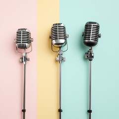 Fototapeta premium Three vintage microphones stand on sleek stands, set against a pastel-colored background of pink and green, suggesting themes of music and performance.