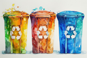 Collection of waste bins full of different types of garbage, recycling and separate waste collection concept