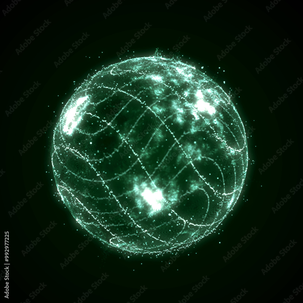 Poster sphere of particles in cyberspace. impulse dynamic flow of global energy energy. futuristic technolo