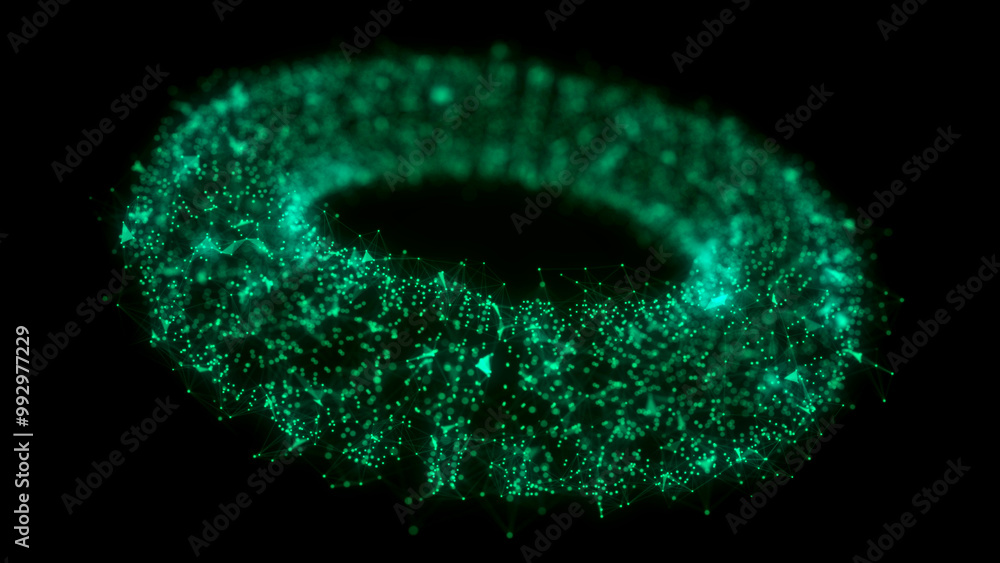 Poster futuristic dynamic wireframe green torus on a dark background. the flow of scientific data. futurist