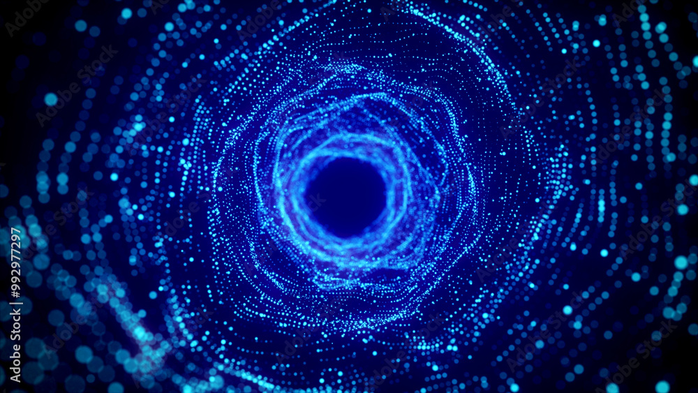 Poster Futuristic dynamic wireframe tunnel on blue background. Digital data flow. Progressive IT technologies. 3d rendering.