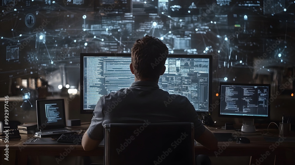 Poster man working at computer with lines and circles on screen