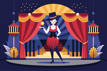 Entertaining audience with a dazzling act, a performer showcases skills under colorful lights in a cabaret, Customizable semi-flat illustration for cabaret.